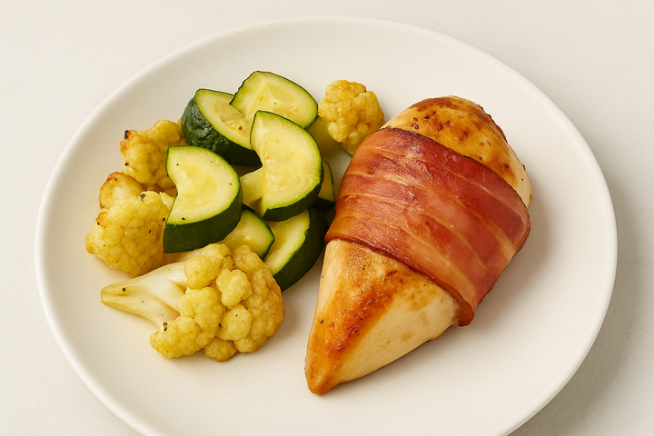 Bacon Wrapped Chicken with Roasted Cauliflower & Zucchini
