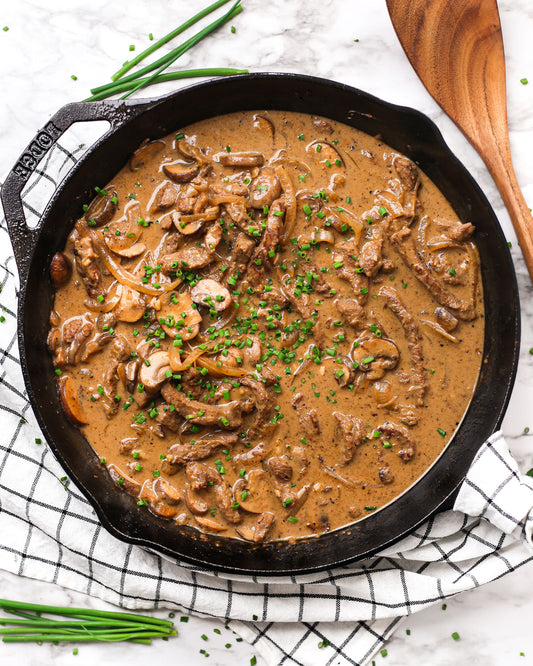 Beef Stroganoff with Potato Gratin & Vegetables